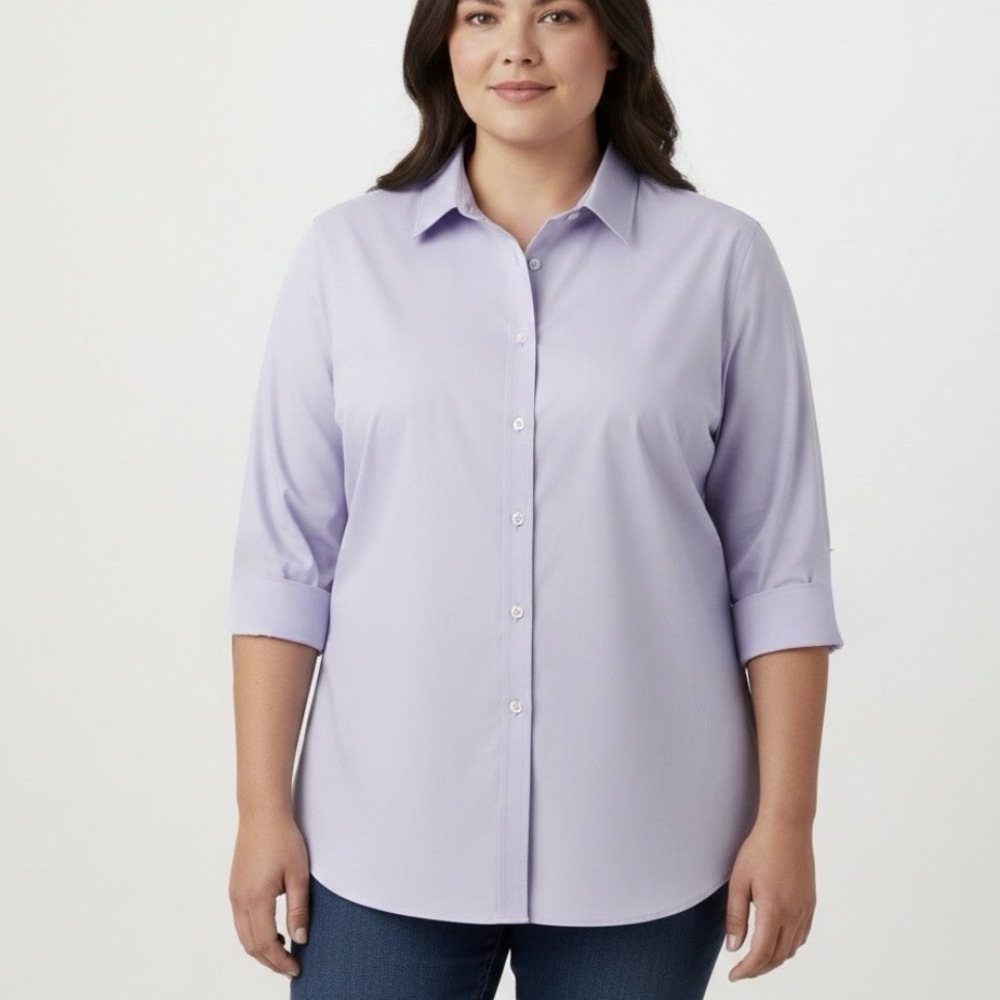 LL Bean Lavender Wrinkle Free Pinpoint Cotton Oxford 3/4 Sleeve Shirt‎ Size 3X